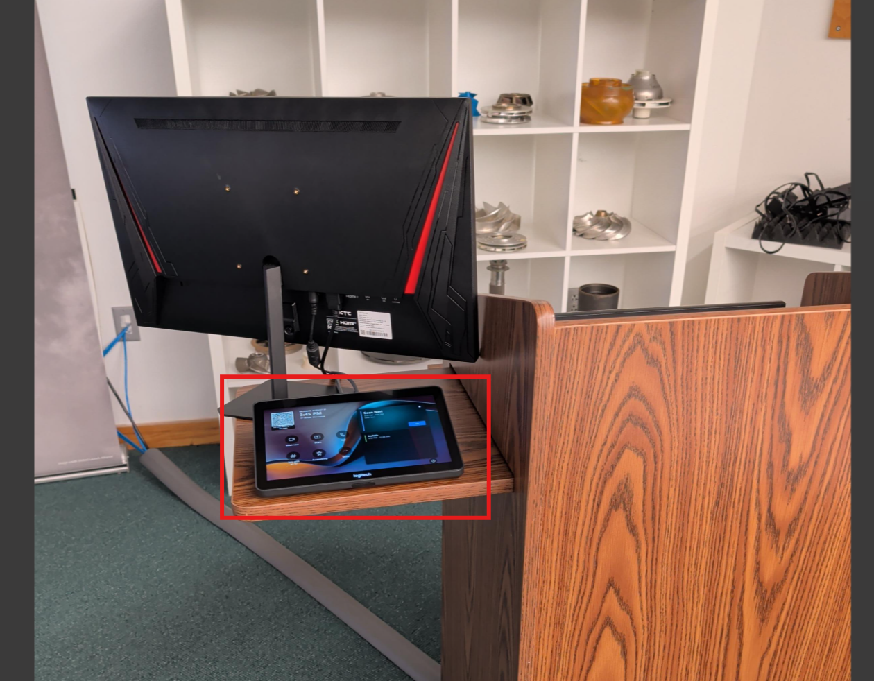 Logitech Tap on the podium shelf in the Wilder Classroom
