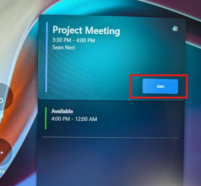 Meeting listed on the Tap agenda with the Join button