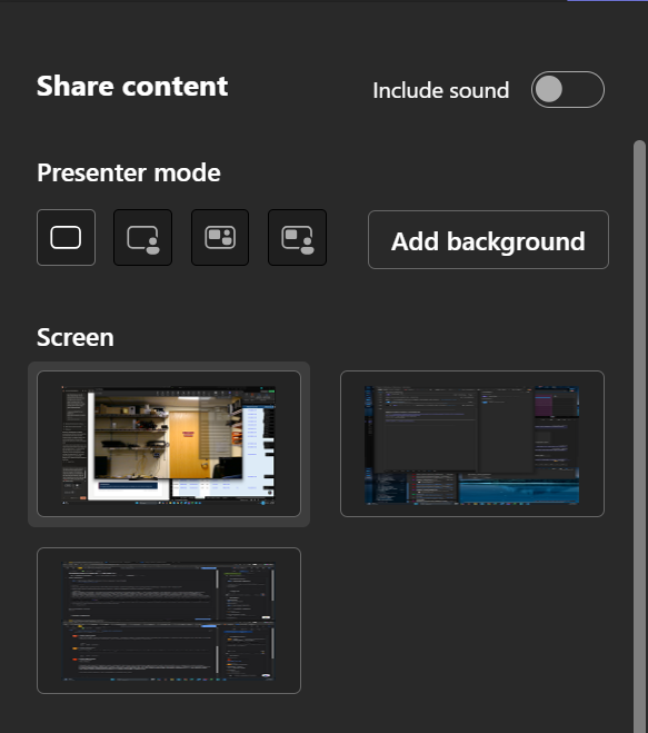 Share content panel with presenter mode and screen choices